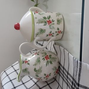 Holly Pine Red Green Holiday Christmas  Lidded Sugar Bowl No Spoon Creamer